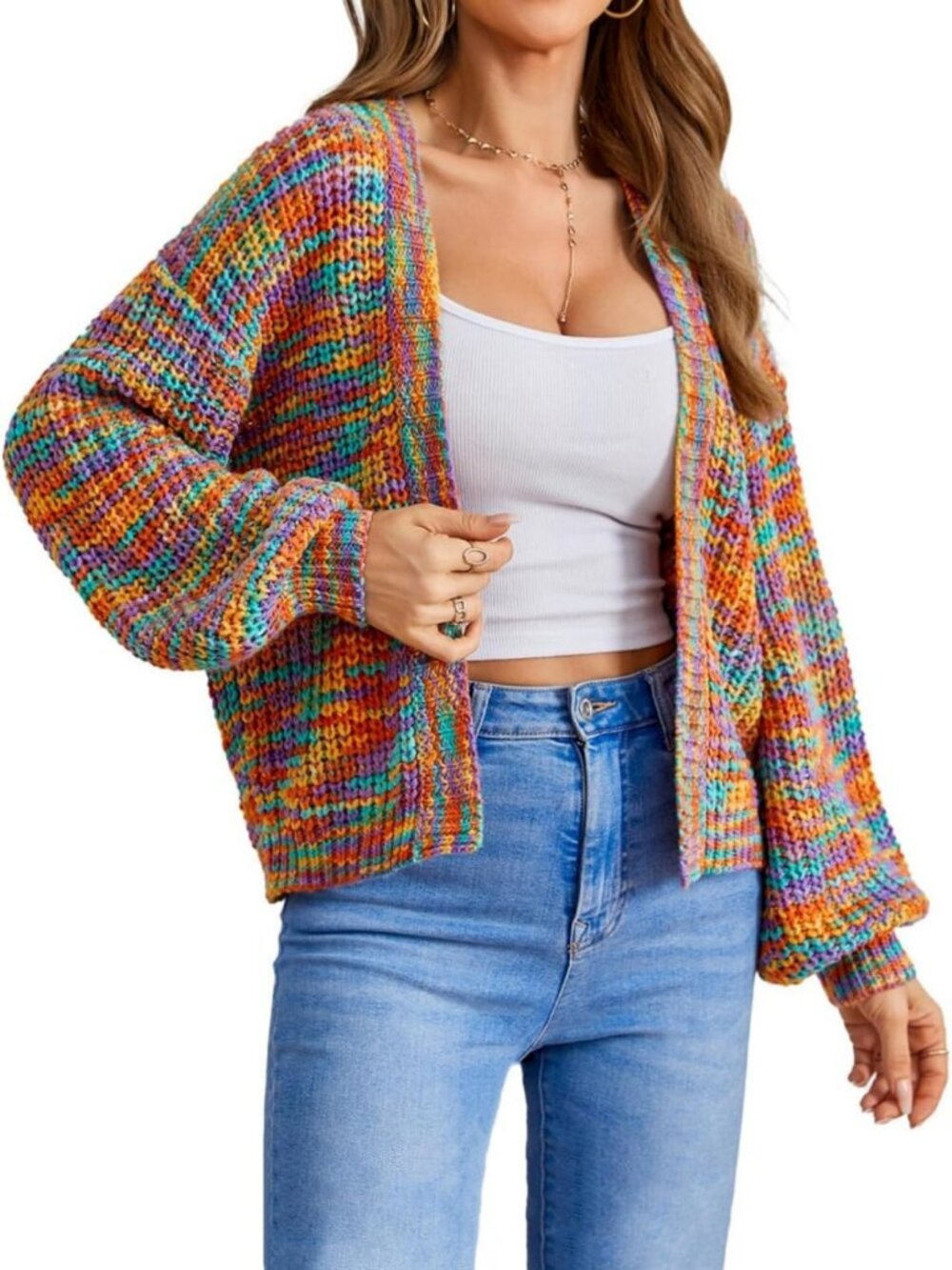 Color Block Cropped Cardigan Sweater - Open Front Ribbed Knit for Women